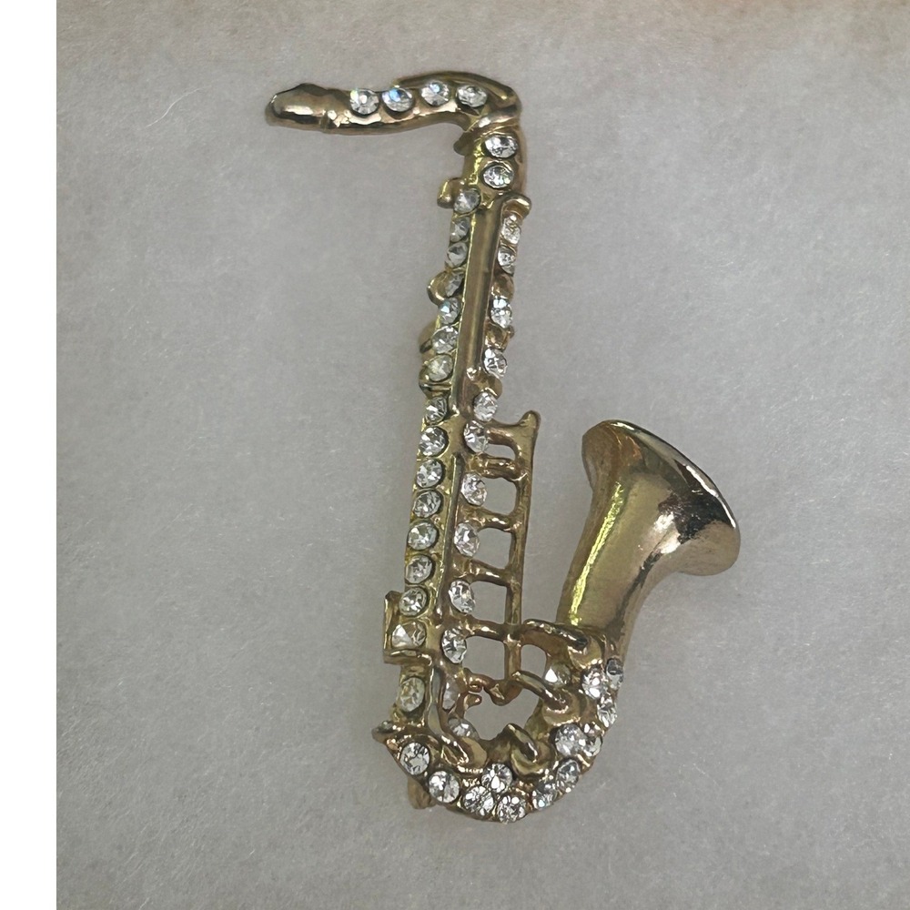 Saxophone Brooch Gold Tone Clear Rhinestone Musical Instrument Jazz Pin#725